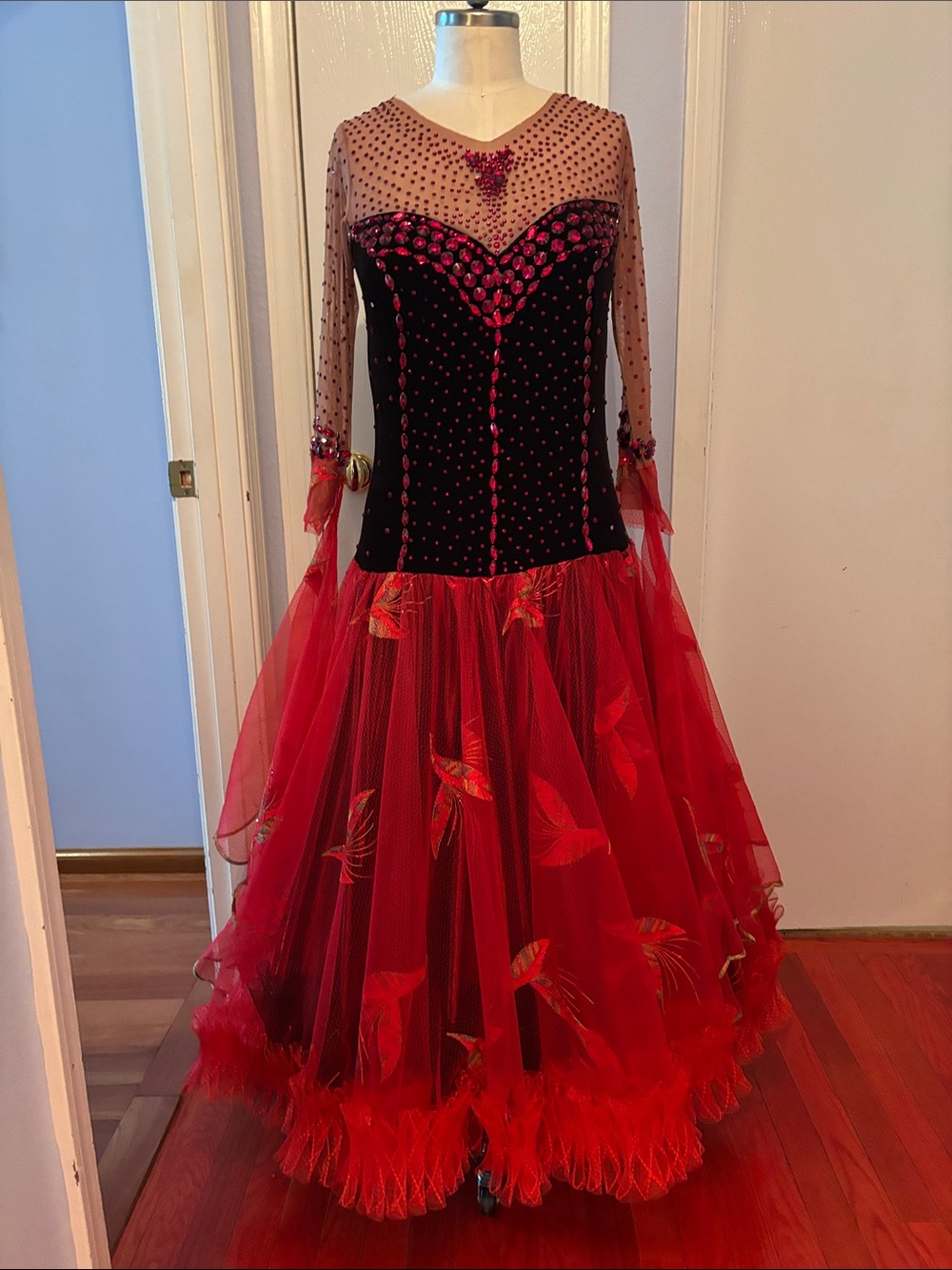Red and Black Ballroom Dress with Rhinestone Accents